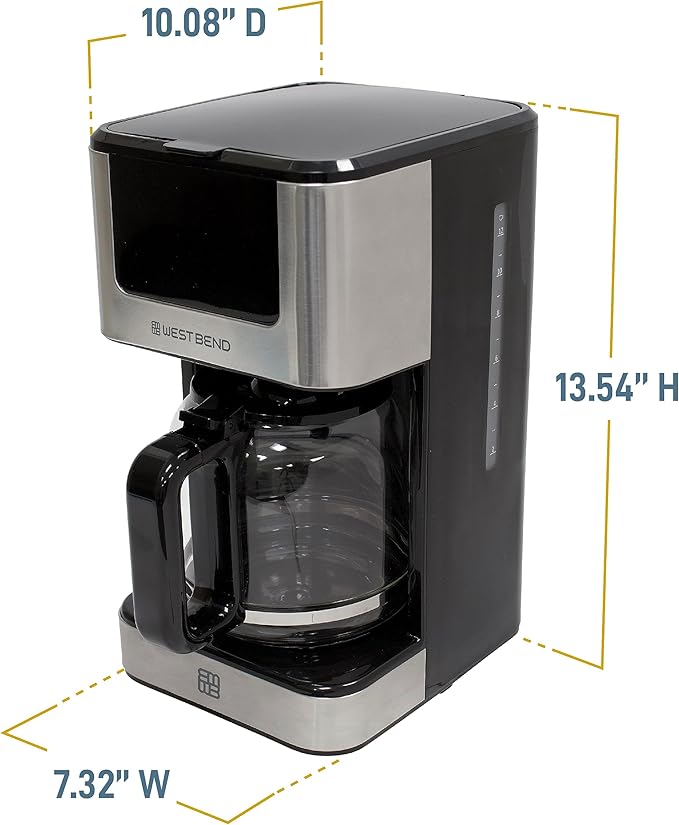 West Bend Drip Coffee Maker Brews Hot or Iced Programmable with Brew Strength Selector Auto Shut-Off and 6 Functions Permanent Mesh Filter and Glass Carafe 12-Cup Metallic