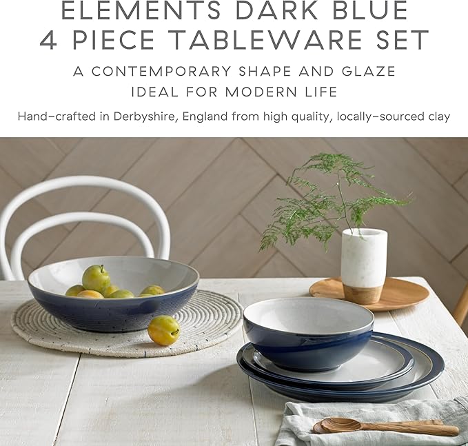 Denby - Elements Dark Blue Dinner Set For 1-4 Piece Ceramic Tableware - Dishwasher Microwave Safe Crockery Single Place Setting - 1 x Dinner Plate 1 x Small Plate 1 x Cereal Bowl 1 x Coffee Mug
