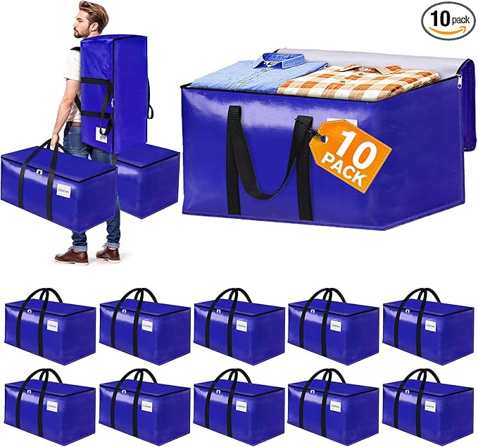10-Pack Moving Bags with Backpack Straps &amp Carry Handles 30 Gallons-125 L Heavy Duty Storage Totes for Space Saving Foldable Storage Bags for College Dorm Travel Camping (Blue)