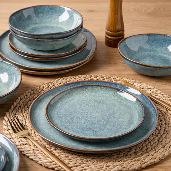 AmorArc Ceramic Dinnerware SetsHandmade Reactive Glaze Stoneware Plates and Bowls SetsHighly Scratch Resistant | Dishwasher &amp Microwave Safe Dishes SetService for 4 (12pc)