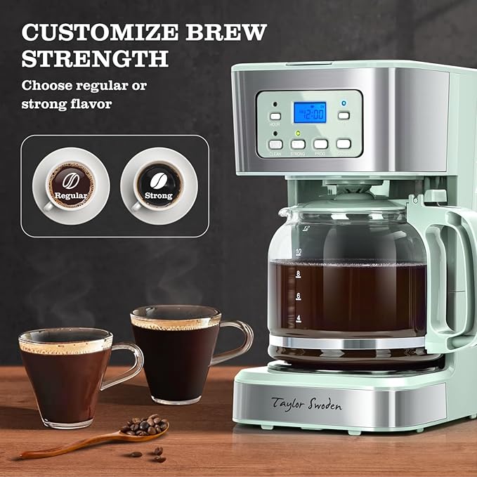 Taylor Swoden 12-Cup Programmable Coffee Maker Regular &amp Strong Brew Drip Coffee Machine for Home and Office Glass Carafe Pause &amp Serve Auto Shut Off Green &amp Stainless Steel