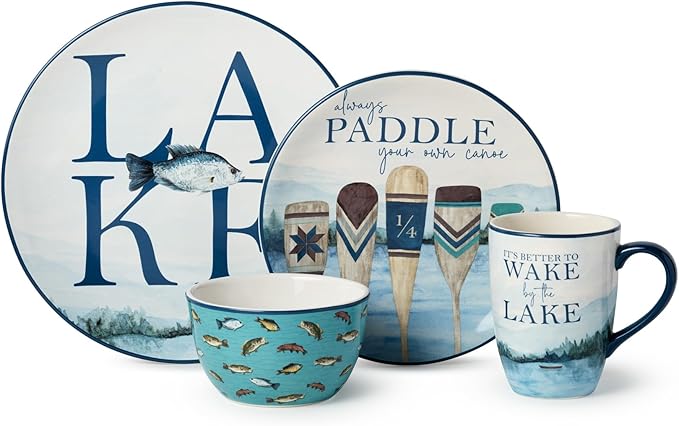 Wake at the Lake 16-Piece Dinnerware Set Includes 11-Inch Dinner Plates 9-Inch Salad Plates 14-Oz Mugs &amp 24-Oz Bowls Durable Ceramic Dishwasher &amp Microwave Safe Lakeside-Inspired Design