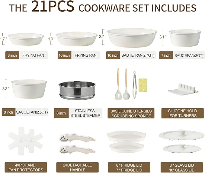 21PCS Pots and Pans Set Ceramic Pots and Pans Set Non Stick Removable Handle Stackable Nonstick Cookware Set Non Stick for Cooking