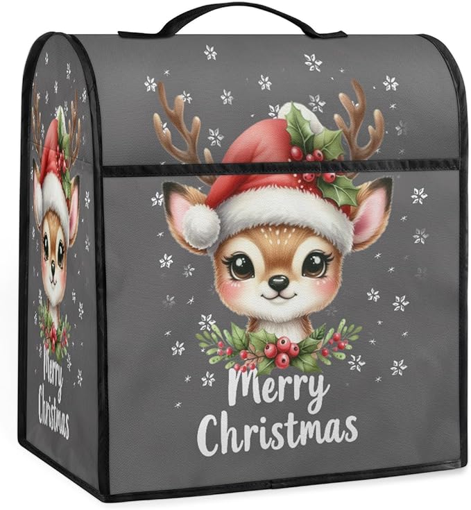 Kitchen Aid Mixer Cover Christmas Cute Deers Holly Stand Mixer Cover Compatible with 6-8 Quarts Stand Mixers Dust Covers with Zipper Pocket Foldable Washable Kitchen Aid Organizer Bag