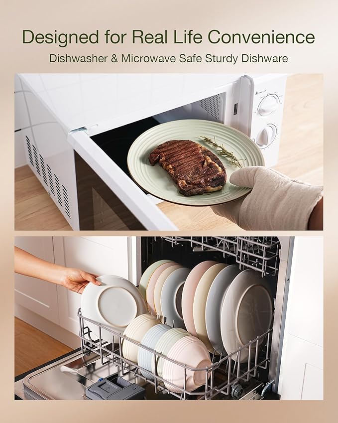 Famiware Jupiter Stoneware Dinnerware Sets Handcrafted Plates and Bowls with Embossed Swirl &amp Speckles White - Chip &amp Scratch Resistant Dishwasher Microwave Safe Minimalist Dishes for 8 (24