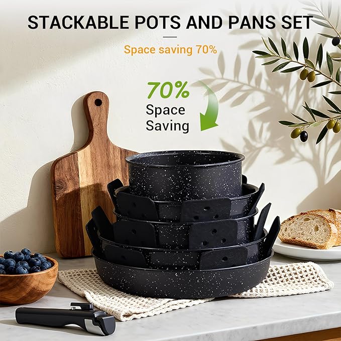 Ammeloo 21 Pcs Pots and Pans Set Non Stick Ceramic Kitchen Cookware Set with Detachable Handle Non Toxic Cooking Set for Kitchen RV Camping and Fridge Induction Ready Dishwasher/Oven Safe Black