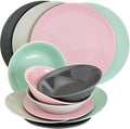 Tabletops Gallery 12 Piece Green Gray Pink Melamine Dinnerware Set Plates Bowls for Indoor Outdoor Use Service for 4 Pastel