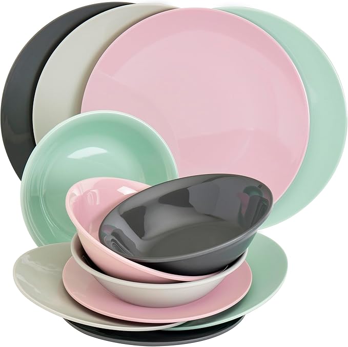 Tabletops Gallery 12 Piece Green Gray Pink Melamine Dinnerware Set Plates Bowls for Indoor Outdoor Use Service for 4 Pastel