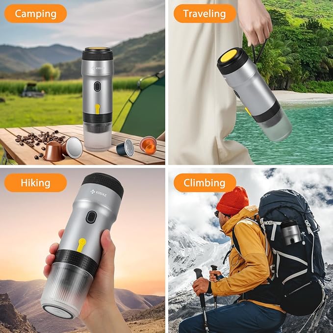Portable Espresso Machines Electric Espresso Maker with Self-Heating USB-C &amp Car Charger 20 Bar Mini Coffee Maker With NS Capsule &amp Ground Coffee for Camping Hiking Travel Office Silver