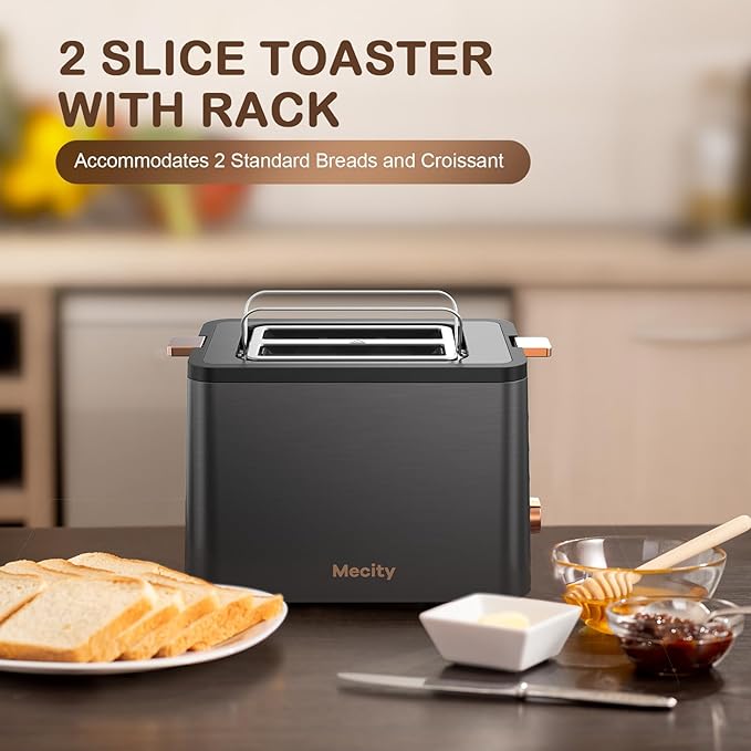 Mecity Toaster 2 Slice Stainless Steel Body Timer Bagel/Defrost/Reheat/Cancel FunctionsWarming Rack Removable Tray 6 Browning Settings Extra Wide Slots Bread Toaster 120V 800W Grey