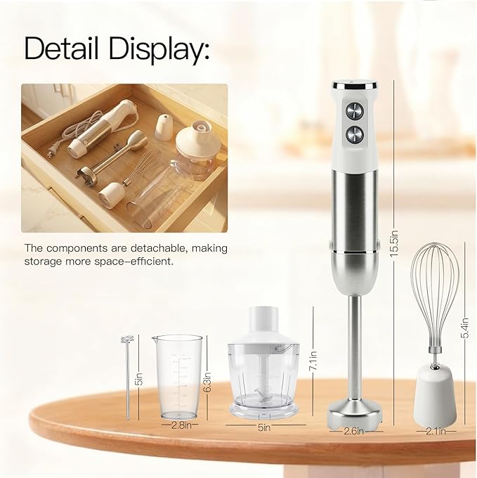 Megawise HB-2043 1000W 5-in-1 Immersion Hand Blender Powerful Stick Blender with Variable Speed &amp Turbo Stainless Steel Blades Includes Whisk Milk Frother Chopper &amp Beaker(White)