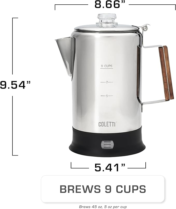 COLETTI Bozeman Electric Percolator — Percolator Coffee Pot Coffee Percolator – [9 cup Stainless Steel]
