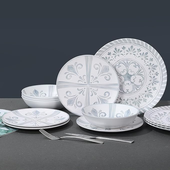 Melamine Dinnerware Set12pcs Embossed Plates and Bowls Sets Plastic Dinnerware Dishes Set for 4 Lightweight Unbreakable Dishwasher SafeWhite&ampGrey