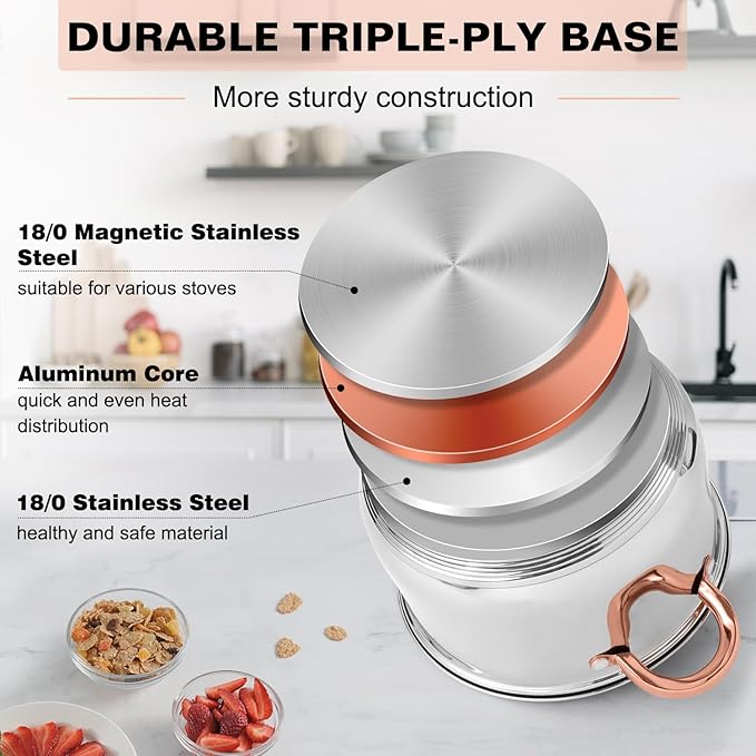 Walchoice 8-Piece Stainless Steel Cookware Set Kitchen Pots and Pans Set with Glass Lid for Cooking Kitchen Cookware Set with Utensils Induction &amp Dishwasher Safe Copper