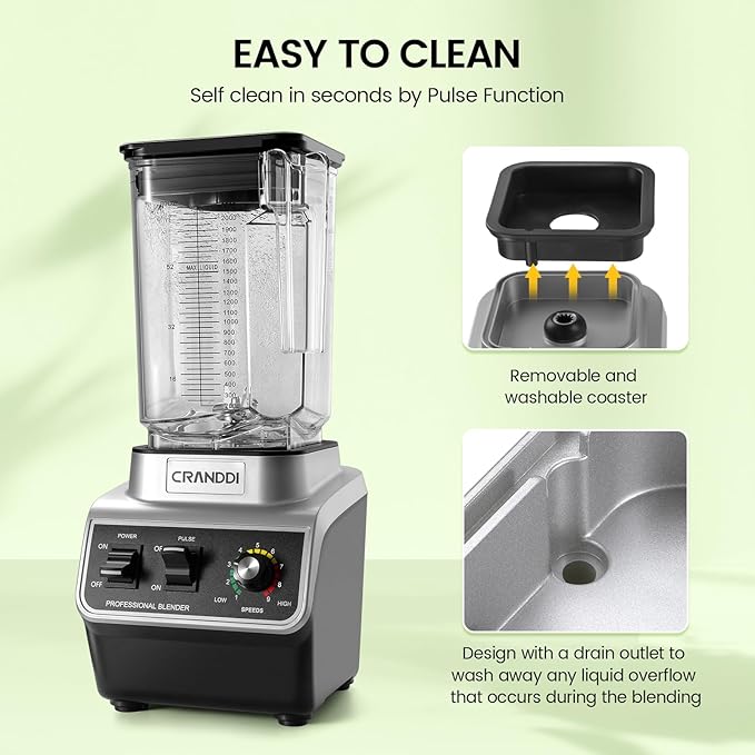 CRANDDI Professional Commercial Blender Max 1500W 80oz Pitcher Powerful Blender with Tamper for Smoothie Ice Crushing Variable 9 Speeds Control110V K96 Black