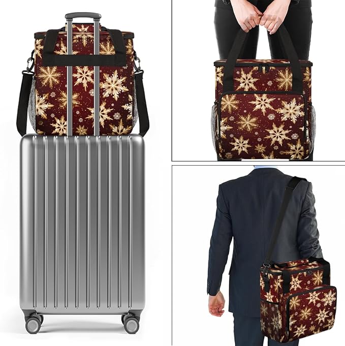 Xmas Snowflakes Coffee Maker Carrying Bag Bright Snowflakes Travel Storage Bag Compatible with K-Mini or K-Mini Plus Single Serve Coffee Brewer Carrying Case with Multiple Pockets &amp Shoulder Str
