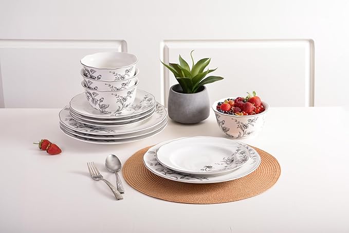 222 Fifth 12-Piece Porcelain Dinnerware Set for 4 White &amp Black Plates and Bowls Set Glossy Ceramic Dish Set with Delicate Floral Design Elegant Kitchen Dishes Microwave &amp Dishwasher Safe