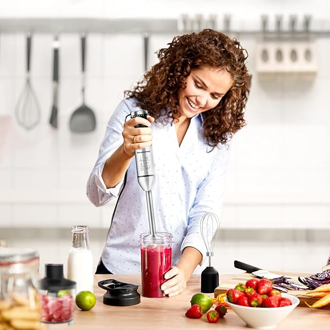 Immersion Handheld Blender Bonsenkitchen 9-Speed Stainless Steel Hand Blender Set with Wall Mounted Bracket Food Grinder Bowl Measuring Mug Egg Whisk for Smoothies Infant Food Sauces Puree