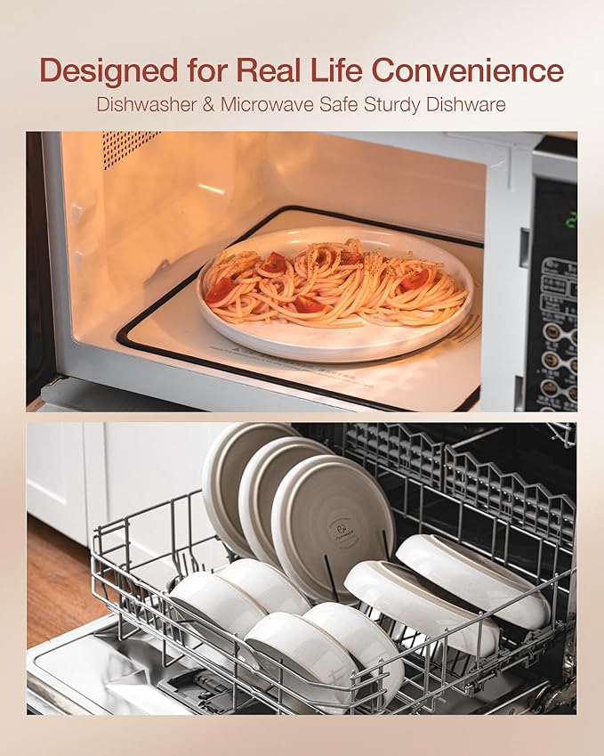 Famiware Milkyway Stoneware Dinnerware Sets with Pasta Bowls Service for 4 (16 Pieces) Plates and Bowls Sets -Scratch Resistant Microwave and Dishwasher Safe Dishes Set White