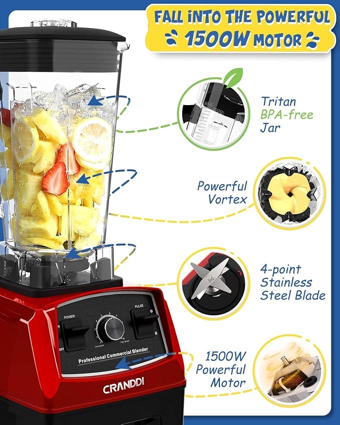 CRANDDI Professional Blender1500 Watt Commercial Blenders for Kitchen with 70oz Capacity and Self-Cleaning Classic Blenders for Shakes and Smoothies Build-in Pulse YL-010-R