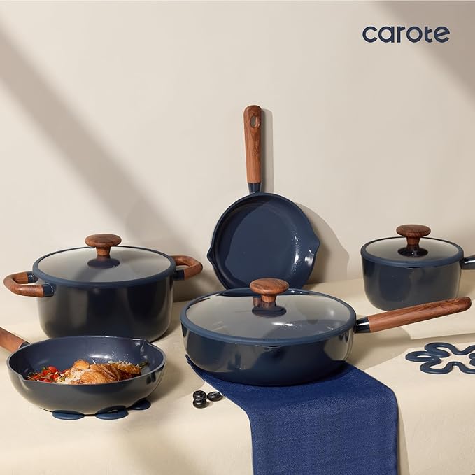 CAROTE 21pcs Cookware Set Nonstick Pots and Pans Set Ceramic Cookware Set Induction Cookware Non toxic Healthy Non Stick Kitchen Cooking Set PFAS PTFE Free Blue