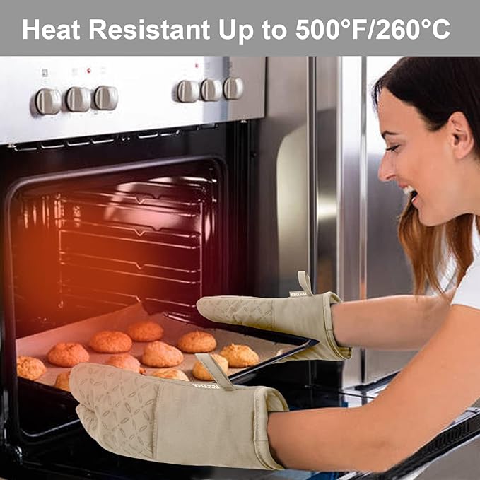 KEGOUU Oven Mitts and Pot Holders 6pcs Set Kitchen Oven Glove High Heat Resistant 500 Degree Extra Long Oven Mitts and Potholder with Non-Slip Silicone Surface for Cooking (Almond)