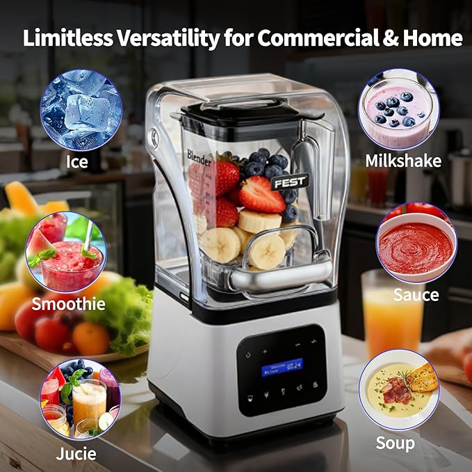 Commercial Blender 2200W Heavy Duty Countertop Blender Quiet Shield Sound Enclosure 6-Blade System DIY Timer &amp 9-Speed 5 Preset ProgramsSmoothies Juices Shakes &amp Frozen Drinks 60oz Pit