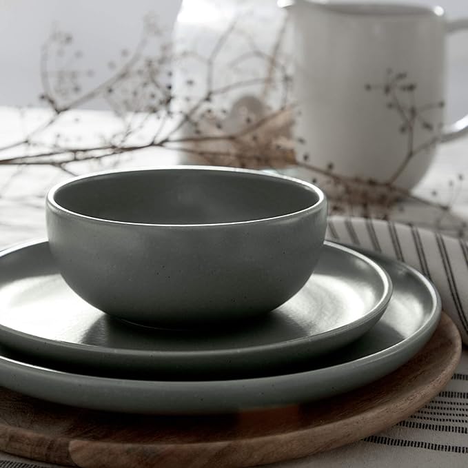 Casafina Ceramic Stoneware 18-Piece Place Setting Service for 6 with Cereal Bowls - Pacifica Collection Artichoke Green | Microwave &amp Dishwasher Safe Dinnerware Set | Restaurant Quality Tableware