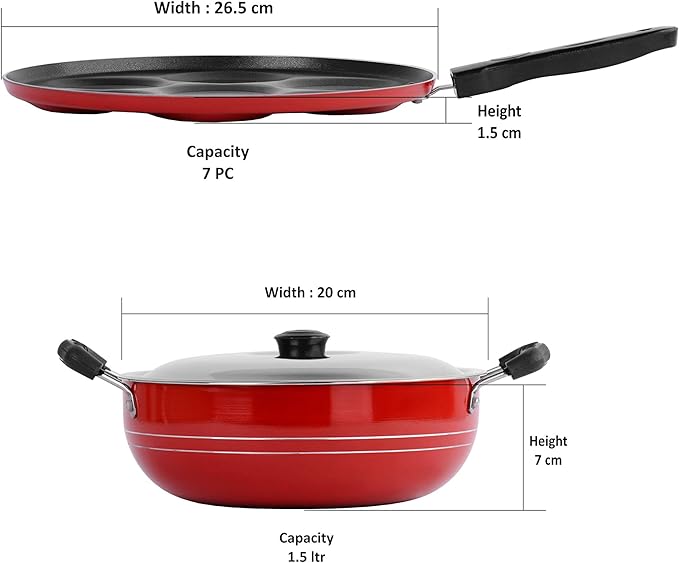 Sumeet 2.6mm Thick Non-Stick Rasberry Cookware set (Multi snack maker – 26.5cm Dia + Kadhai With Lid – 1.5Ltr capacity- 20cm Dia)