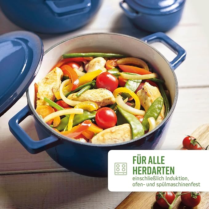 by Brandt Cast Steel Casserole Dish Round Individual 28 cm Capacity 6.8 L Cast Iron Lid with Stainless Steel Knob Suitable for Induction Oven Safe Blue