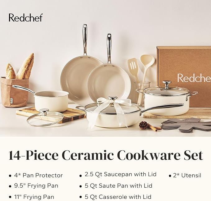 Redchef Ceramic Nonstick Cookware Set14pcs Pots and Pans Set Non StickInduction Cookware with Stainless Steel HandleNon Toxic Kitchen Cooking SetDishwasher &amp Oven SafePFAS PFOA &amp PTFE Fre