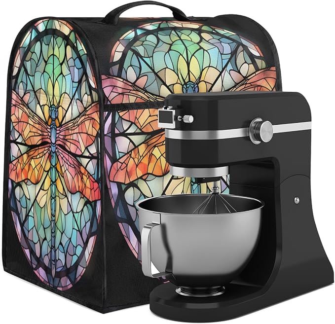 Kitchen Aid Mixer Cover Glass Painting Animal Dragonfly Stand Mixer Cover Compatible with 6-8 Quarts Stand Mixers Dust Covers with Zipper Pocket Foldable Washable Kitchen Aid Organizer Bag