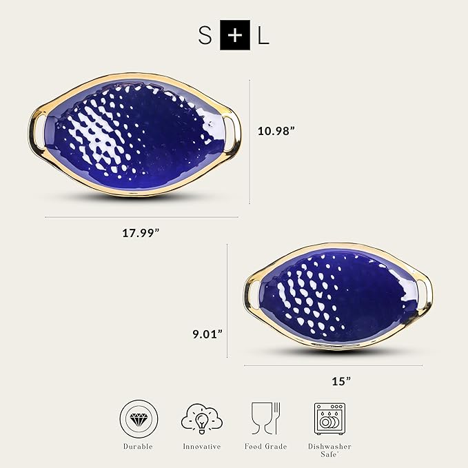 Stone Lain Florian Porcelain Large and Medium Oval Platters with Handle Service Set Blue with Gold Rim