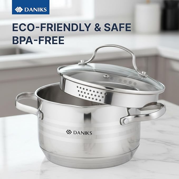 Daniks Tokio Stainless Steel Stock Pot 2 Quart with Glass Strainer Lid Induction Ready Dishwasher Safe Measuring Scale Silver