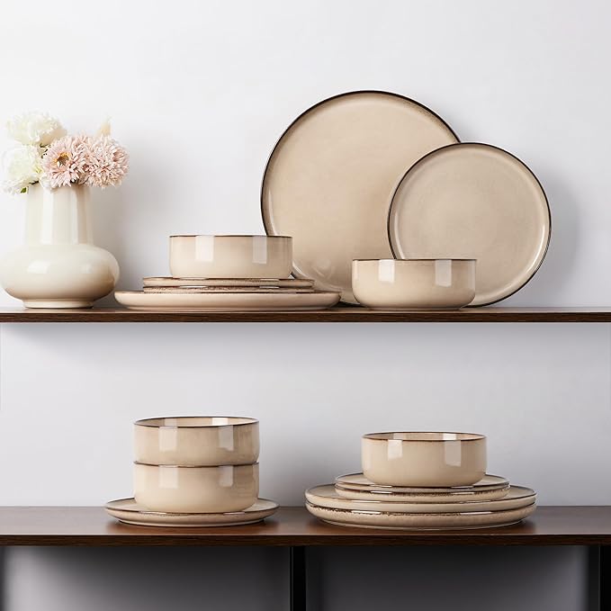 E-far 6-Piece Plates and Bowls Set Stoneware Dinnerware Sets for 2 Reactive Glaze Ceramic Dinning Ware Dishes Microwave &amp Dishwasher Safe - Sandy Beige