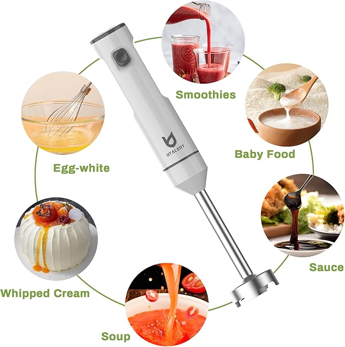 Cordless Hand Blender UTALENT Variable Speed Immersion Blender handheld Rechargeable with USB-C Charging Cable Egg Whisk for Smoothies Milkshakes Hummus and Soups – White