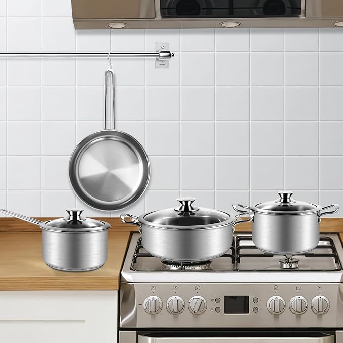 Stainless Steel Pots and Pans Set 7-Piece Kitchen Cookware Sets with Glass Lids Stay-Cool Handle Oven Safe Works with Induction/Electric and Gas Cooktops Dishwasher