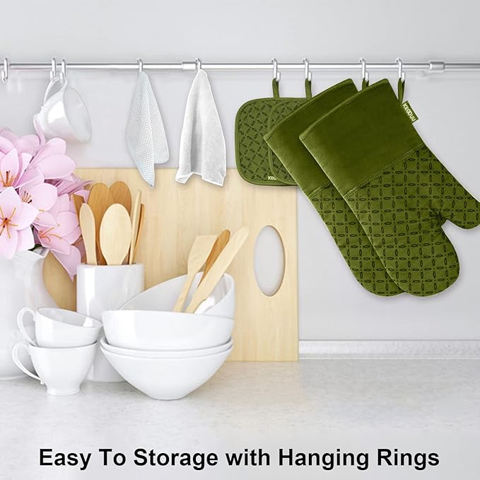 KEGOUU Oven Mitts and Pot Holders 6pcs Set Kitchen Oven Glove High Heat Resistant 500 Degree Extra Long Oven Mitts and Potholder with Non-Slip Silicone Surface for Cooking (Olive Drab)