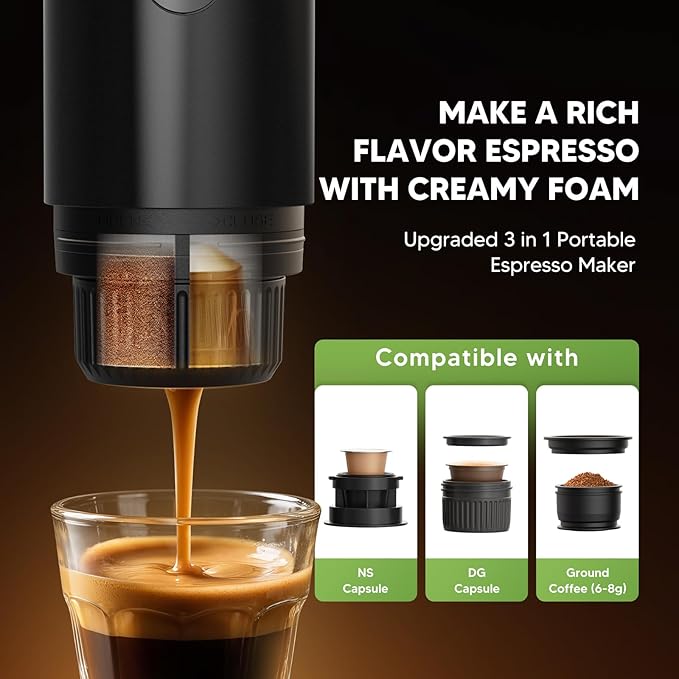 BENFUCHEN 3 in 1 Portable Electric Espresso Machine for Nespresso Capsule Travel Coffee Maker with Ground Coffee for Camping RV Hiking OfficeCar Coffee Maker Self-Heating with USB-C (Black)