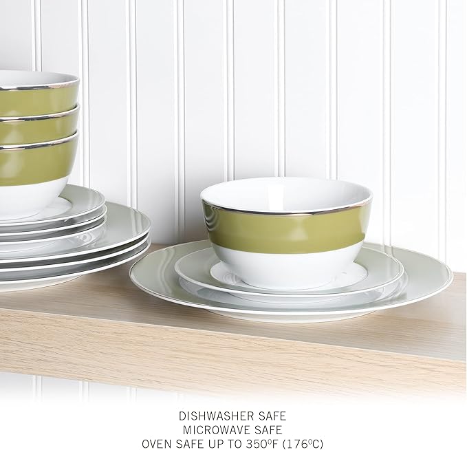 Martha Stewart Gracie Lane 12 pc Porcelain Decorated Chip and Scratch Resistant Dinnerware Set - Olive Green w/Gold Rim