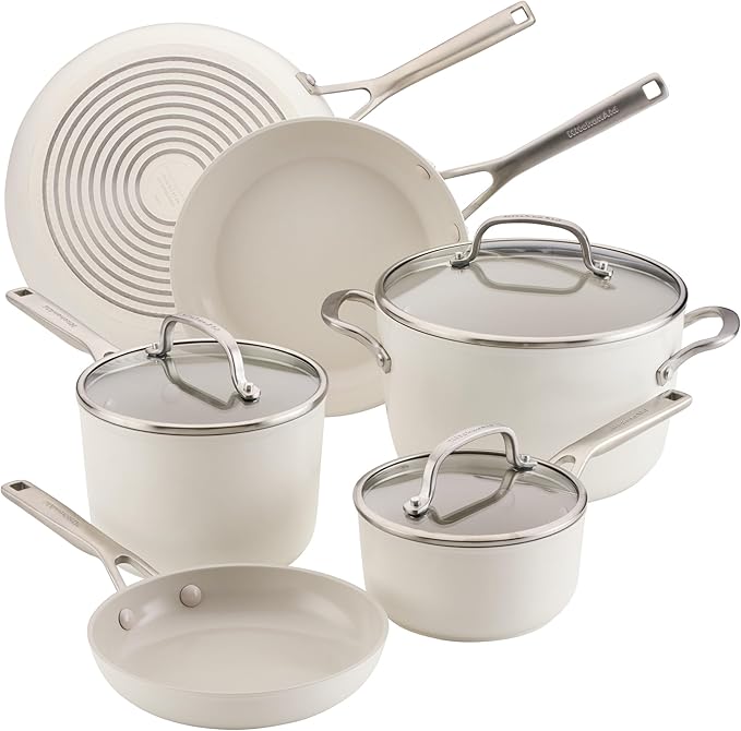 KitchenAid Hard Anodized Ceramic Induction Nonstick Pots and Pans with Saucepans Frying Pans Stockpot and Lids Dishwasher Safe 9 Piece Cookware Set with Stainless Steel Handles - Porcelain White
