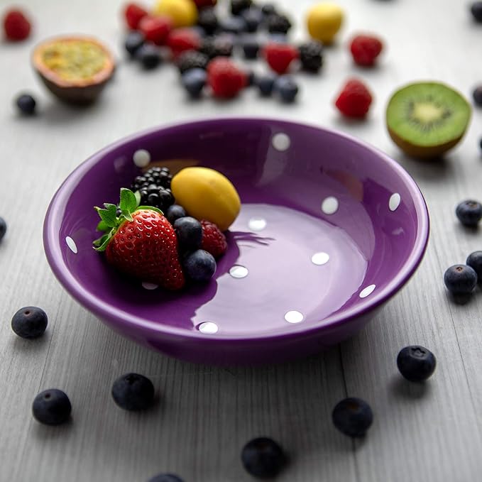 Handmade Purple and White Polka Dot Ceramic 12 piece Dinnerware Set | Pottery Tableware Service for 4 | Dinner Plates | Side Plates | Bowls | Housewarming Gift by City to Cottage®