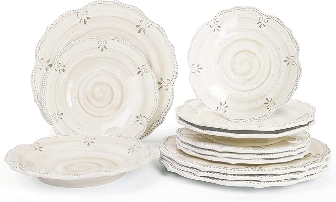 Dinnerware Sets 12 pcs Plates and Bowls Sets Melamine Plates Indoor and Outdoor use French Court Style Dish Set Plate Set for 4 Dishwasher Safe（White）