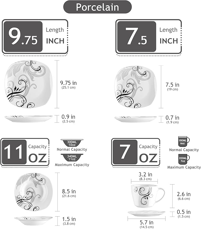 VEWEET 'Zoey' 30-Piece Dinner Set Ivory White Black Decals Porcelain Combination Sets with Cup &amp Saucer Set Stoneware Plate Sets Service for 6 Dishwasher &amp Microwave Safe