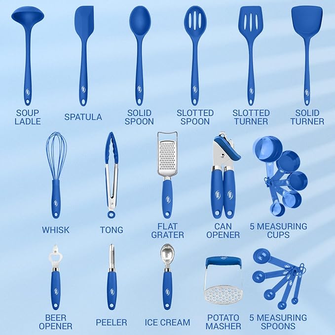 Kaluns Silicone Kitchen Utensils Set 24 Pcs Cooking Utensils Set - Can Opener Masher Turner Spatula 446°F Heat Resistant Non-Stick - Premium Silicone and Stainless Steel Utensil Set