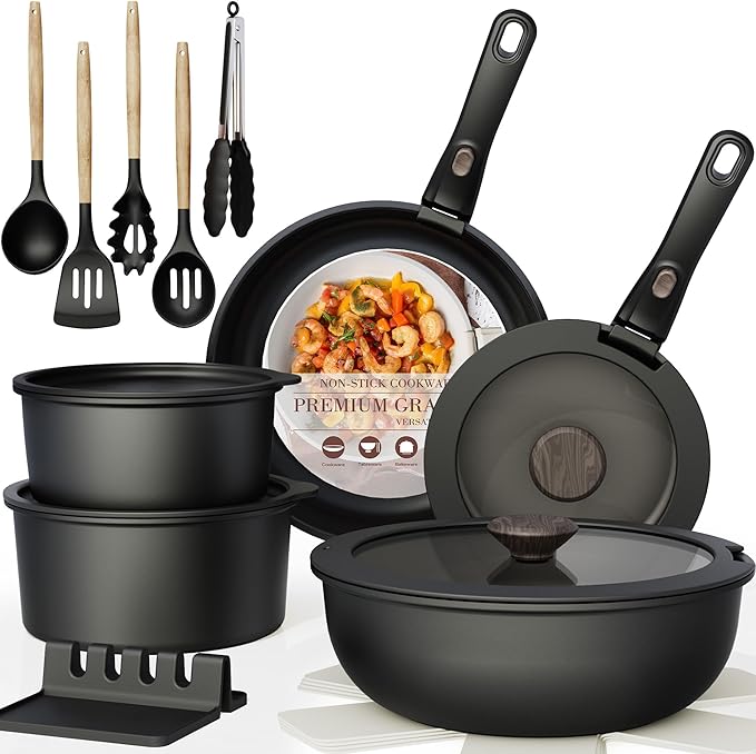 Astercook Non Stick RV Pots and Pans Ceramic Kitchen Cookware Set with Detachable/Removable Handle Oven Safe Induction Ready Stackable Black 21 pcs