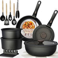 Astercook Non Stick RV Pots and Pans Ceramic Kitchen Cookware Set with Detachable/Removable Handle Oven Safe Induction Ready Stackable Black 21 pcs