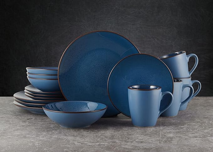 Pfaltzgraff Pierce Blue 16-Piece Dinnerware Set - Durable Stoneware Service for 4 with Unique Reactive Glaze - Includes Plates Bowls Mugs - Dishwasher Safe &amp Microwave Safe for Everyday Dining