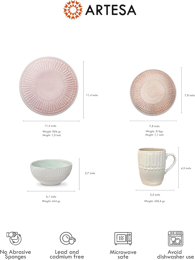 Artesa Color Full Mix Match 4 Dinnerware Set -4 Piece Handmade Ecuadorian Ceramic Pink &amp Mint with Embossed Pattern Plates Bowls &amp Cups Lead-Free Microwave Safe 11.4-Inch Plates