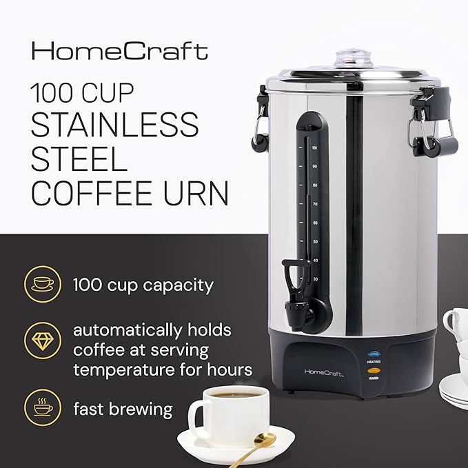 Homecraft 100-Cup Coffee Urn and Hot Beverage Dispenser with Dripless Faucet Quick-Brewing Stainless Steel